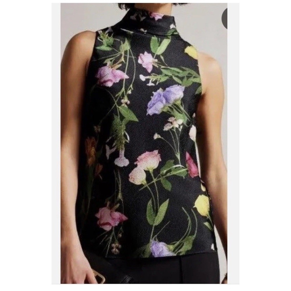 Ted Baker Dimitri Black/ Floral Print Cowl Neck Sleeveless Top Size 2 (4-6)